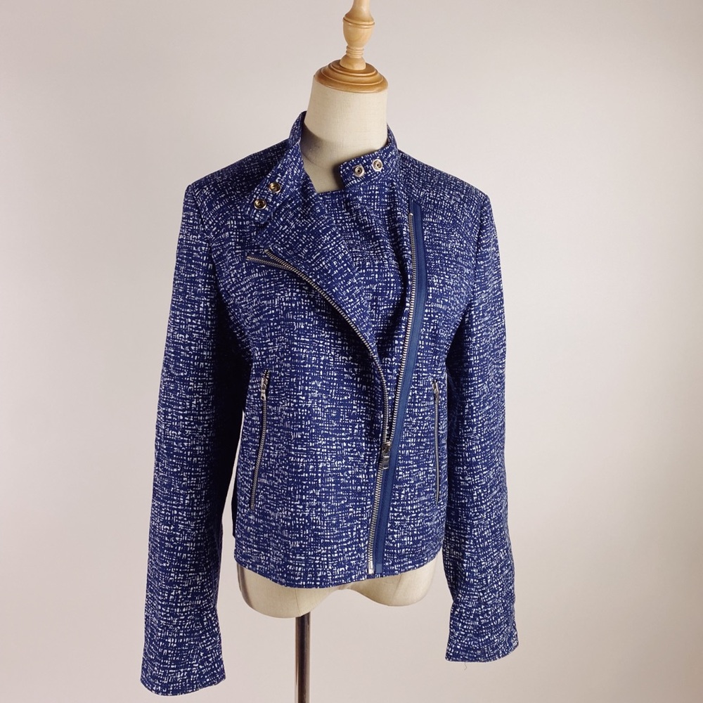 GAP NWOT Graphic Plaid Moto Zip Jacket Womens Blue Medium